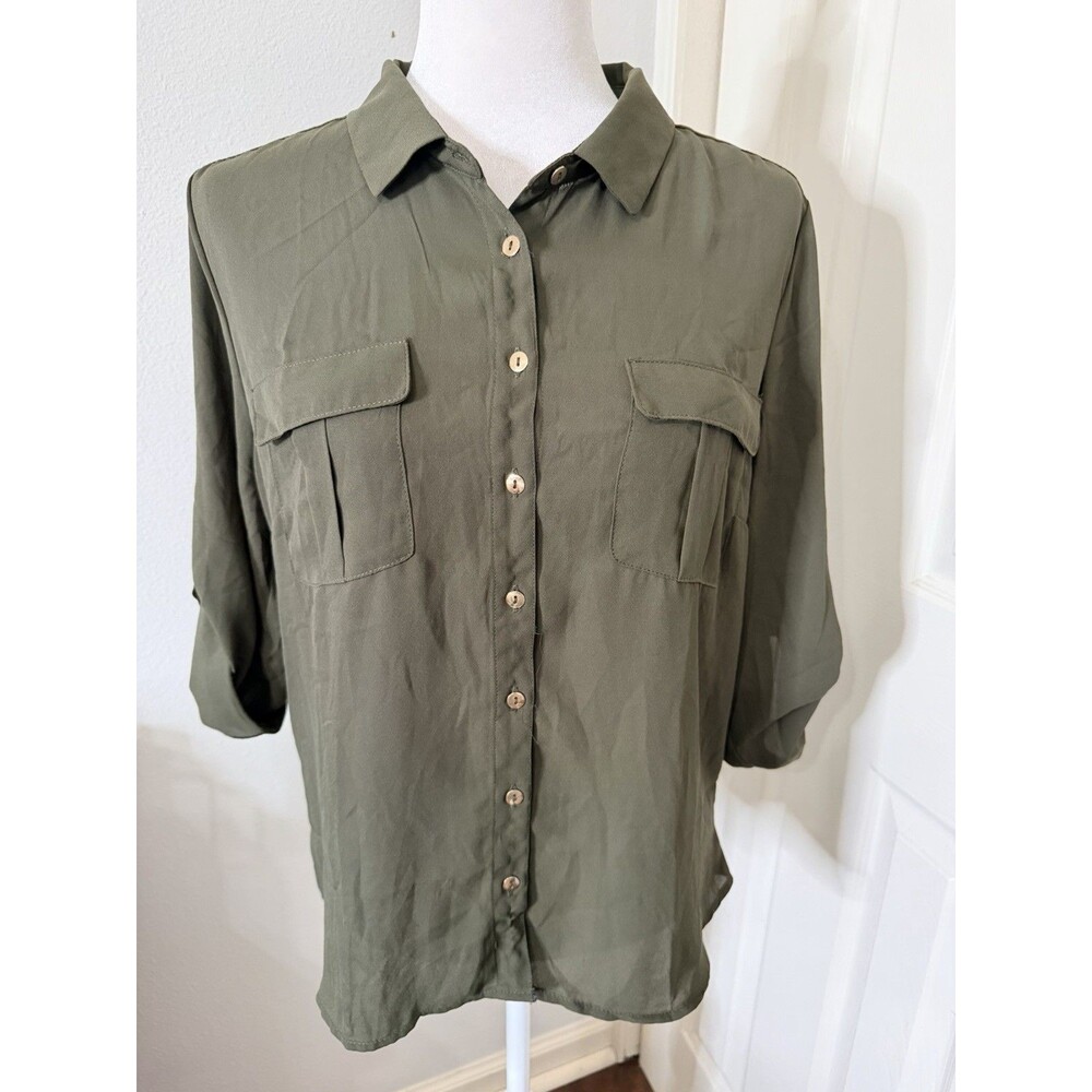 ACTIVE USA Women Olive Green Button Front Utility Blouse Top Roll Tab Sleeve L